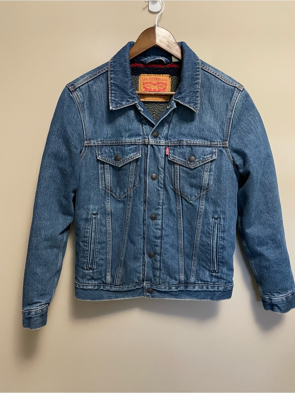 Levi’s Trucker Denim Striped Sherpa Jacket Mid Wash Men Small
